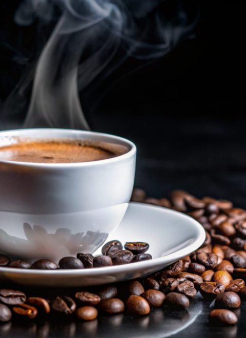 Steaming cup of coffee on a saucer with coffee beans scattered around.